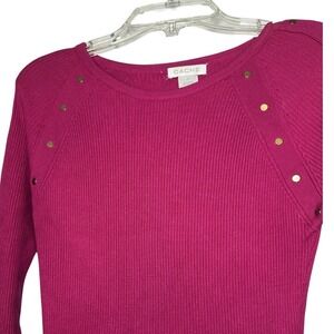 Cache‎ Pink Ribbed Sweater Gold Stud Detail Long Sleeve Stretch Size XSmall